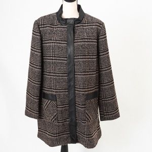 Plaid tweed faux leather trim jacket & scarf Dennis Basso XL